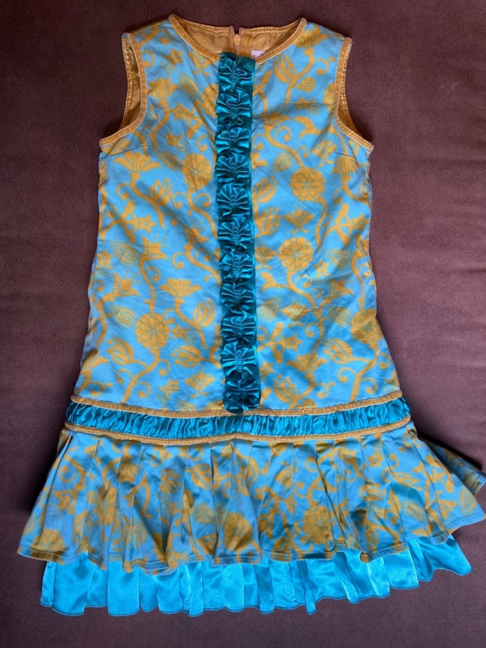 Blue and Gold Floral Ruffle Dress